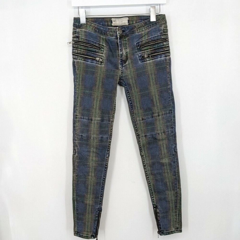 FREE PEOPLE Blue Green Plaid Tartan Zipper Detail Skinny Jeans
